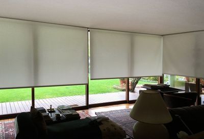 Estores de rolo brancos em janelas de sala com vista de jardim, sofá, candeeiro e tapetes