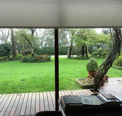 Estore de rolo claro recolhido numa janela panorâmica com vista de jardim e deck de madeira